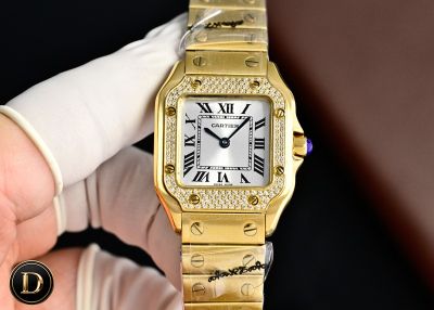 TW Factory Cartier Santos 27*34.4mm 316L Steel Quartz Movement Diamond Bezel Yellow Gold Band Lady Watch